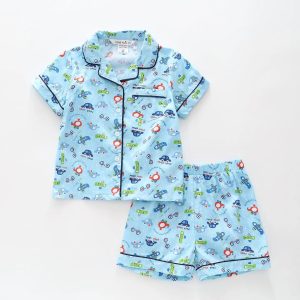 Junior Boys Blue Cotton Poplin PJ Set – Cars, Helicopter & Boats Print